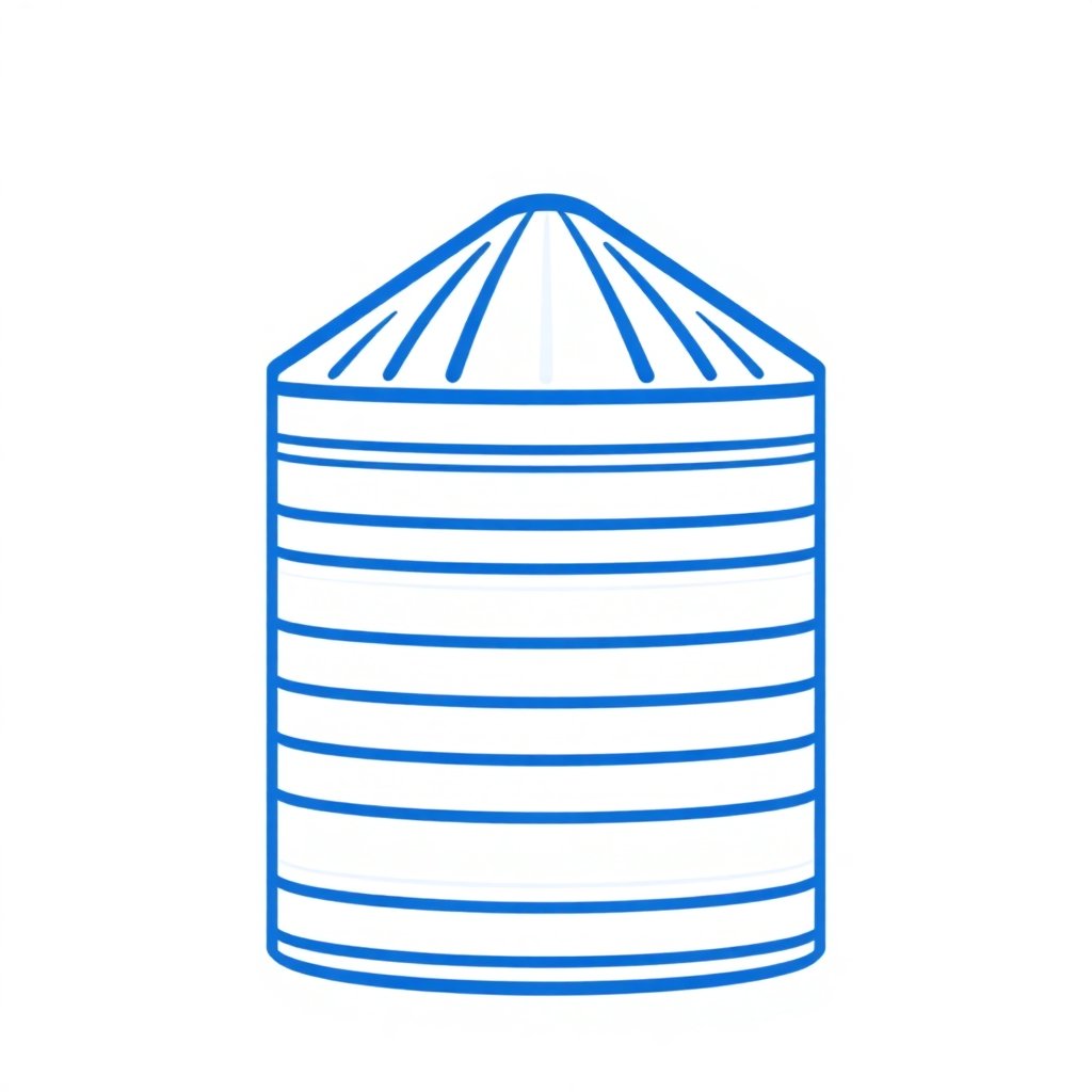 Modern minimalist icon of a grain silo or animal feed sack, royal blue color, vector style, white background