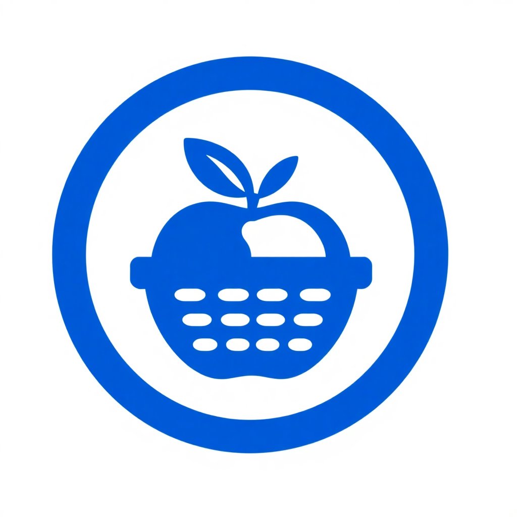 Modern minimalist icon of a food basket or apple, food safety symbol, royal blue color, vector style, white background