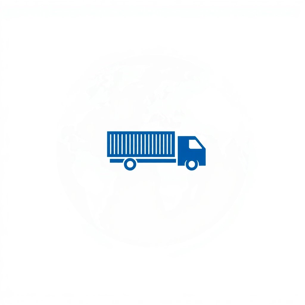 Modern minimalist icon of a globe with a truck or shipping container, global trade symbol, royal blue color, vector style, white background