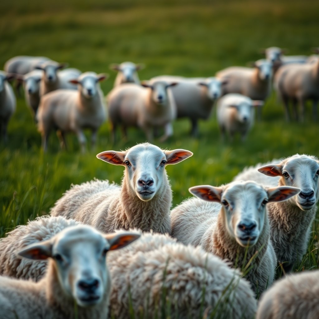 A professional close-up photo of a flock of sheep in a green pasture, soft lighting, 16:9 aspect ratio, high quality photography